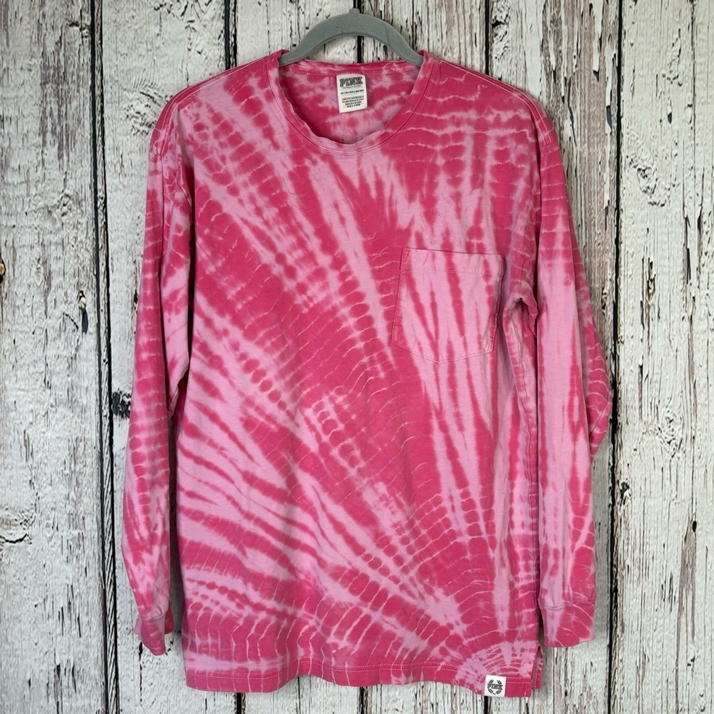 Victoria’s‎ Secret PINK Tie Dye Campus Tee XS Pink Long Sleeve Shirt Oversized